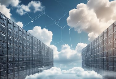 A digital rendering depicting a tall, metallic server rack positioned centrally on a platform. The server appears to have multiple blue-lit slots. Surrounding the rack, there are several stacks of cylindrical objects resembling databases or storage units, all set against a dark background.