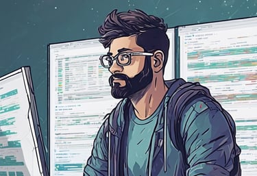 a man sitting in front of two computer monitors