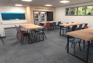 une salle restauration avec des tables, des chaises