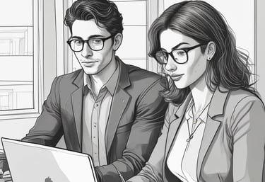 a man and woman sitting at a table with a laptop