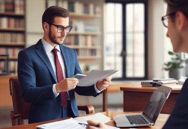 Elegant law office with golden accents and black marble desk.