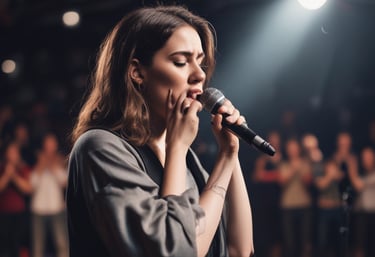 A sleek studio setup with mixing boards and headphones illuminated by soft black and gold tones.