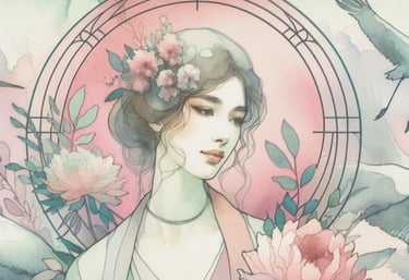 obraz akwarelowy z portretem kobiety w stylu secesyjnym
