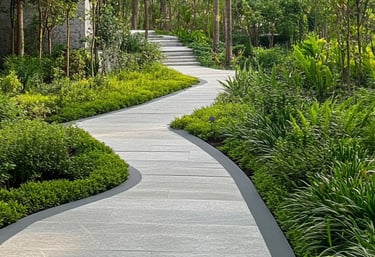 Urban Garden Walkway Hardscape Tiles, Stone flanked by Lush garden with trees