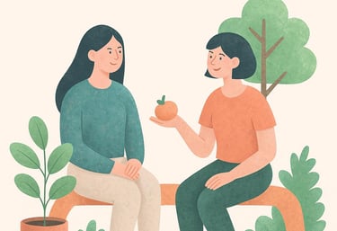 a woman sitting on a bench with a woman offering a fruit