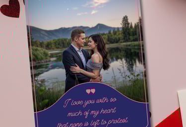 A romantic Valentine’s Day card featuring a couple by a scenic lake with the Shakespeare quote.