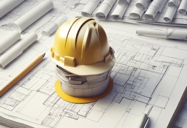 The image depicts a construction site with workers building a small structure made of concrete blocks. There are wooden scaffolding and support beams in place, and the site is surrounded by palm trees, conveying a tropical setting. Construction materials such as blue tarpaulin and concrete blocks are scattered around the area.