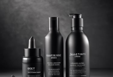 A close-up of skincare products arranged neatly with a male influencer in the background.