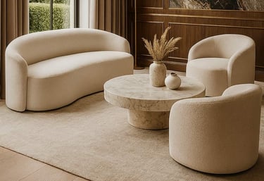 Ivory curved sofa with two matching chairs by Solo Home Decor in a bright modern space.