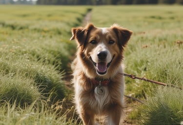 A happy dog walking in a sunny park with a leash.