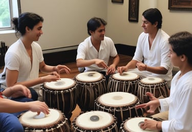 A serene classroom setting with students engaged in tabla practice under soft natural light.