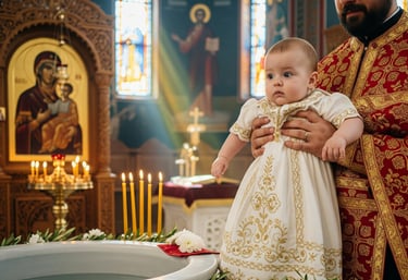 A baby in a white gown at their baptism ceremony.