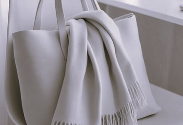 A close-up of a tote bag with a scarf draped over it, on a sleek white office chair.