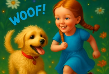 a little girl is running with a dog