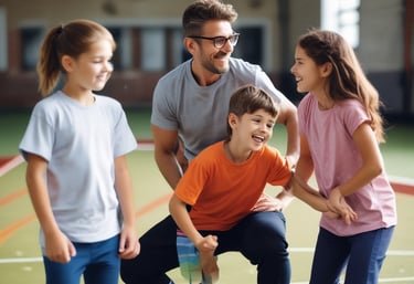 grayscale photography of man standing beside kids wearing jersey shirts