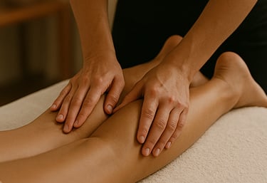 a woman in a massage room her legs massaged to improve circulation to help with menopause symptoms