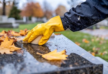 a person cleaning a headstone