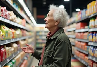 ältere Frau steht vor Lebensmittelregalen und weiss nicht recht was sie wollte