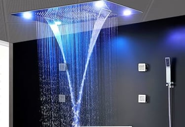 a shower head with a blue light shining down