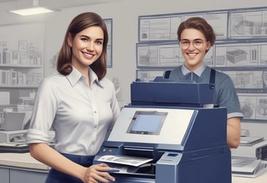 Technician providing on-site computer support in a small office environment.