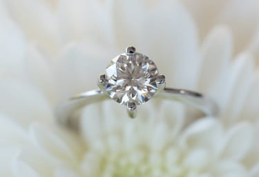 a Lab-Grown Diamonds CVD cut diamond ring with a diamond ring on top of a white flower