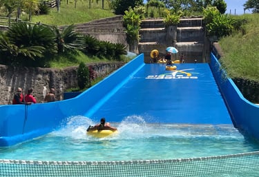 a person on a surfboard in a pool