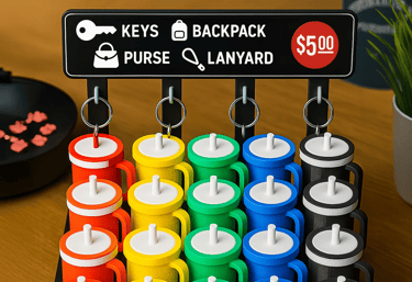 Mini 3D printed tumblers as keychains on retail display. Custom merch idea for local businesses.