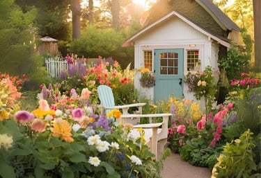 cottage garden with adirondack chairs and shed