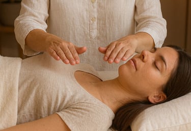 woman with hands hovering over another woman who is lying down