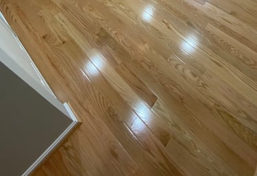 Small bedroom with newly refinished hardwood floors, gray walls, and single window