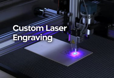 Laser engraver etching wood with blue light. Custom engraving services for signage and merch.