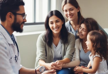 A diverse group of volunteers assisting newcomers in a community health setting.