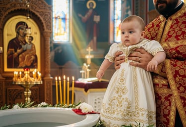 Ένα μωρό με μια λευκή φορεσιά στην τελετή της βάπτισής του.