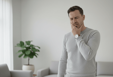Hombre sufriendo de dolor dental o mandibular, con la mano en la mejilla buscando alivio