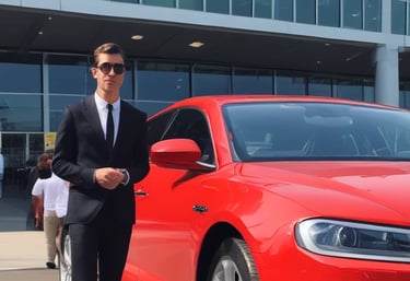 A sleek black car parked outside a London airport terminal with a driver holding a welcome sign.