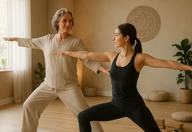 A individual yoga lesson with the teacher and the student