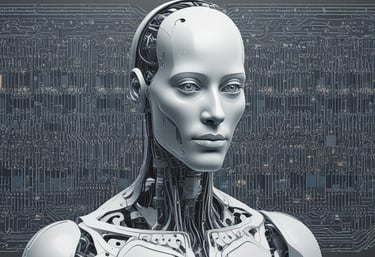 A futuristic and digital-themed image features a stylized circuit board with the words 'Open AI' in bold, glowing letters. Above it is a design that resembles an AI or robot face with neon accents. The background consists of a network of interconnected blue lines and nodes, suggesting themes of technology and connectivity.