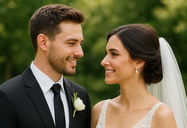 Ένα νεόνυμφο ζευγάρι που χαμογελά μαζί στο γάμο του.