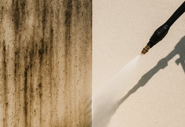 Before and after picture of commercial and residential pressure washing service.