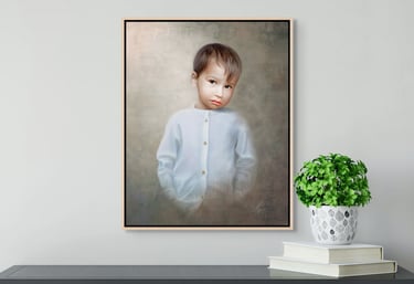 a portrait of a young boy in a white shirt