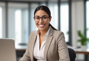 A hand holds a black business card with white text reading 'FORTY TWO Strategy Innovation Design' against a blurred urban skyline backdrop. The sky is clear and blue, suggesting a bright day.