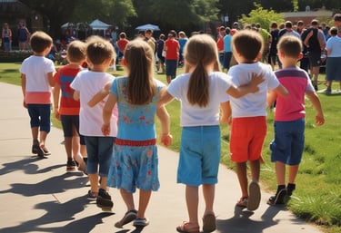 Two children are engaged in play, with a toddler holding a bubble wand and a slightly older child assisting with the bubble mixture. The older child is wearing a colorful mask and has intricate patterns drawn on their hands, suggesting cultural or ceremonial significance. They are outdoors with trees and a wooden structure in the background.
