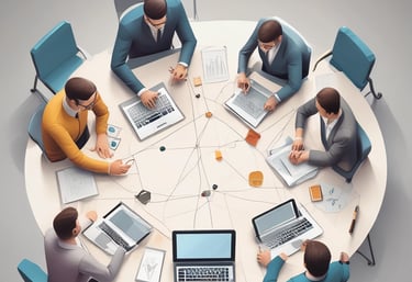 A diverse group of professionals collaborating around a conference table with laptops and documents.