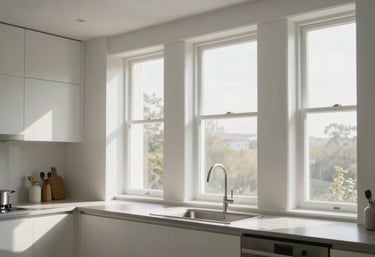Bright morning light flooding through high-quality white windows into a modern, minimalist kitchen area.