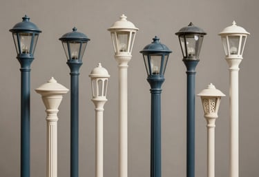 A commercial photograph displaying a variety of decorative light pole tops in a studio setting, showcasing different architectural styles in Slate Blue and Off-White.