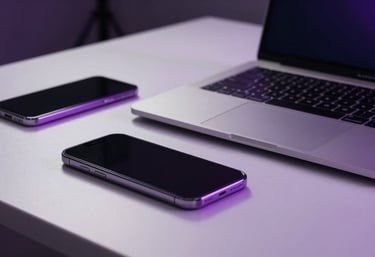 A close-up shot of a clean, minimalist workstation with a sleek laptop and a smartphone, highlighting sophisticated purple accent lighting.