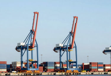 Wide landscape shot of the Port of Muuga in Estonia, showing shipping containers and cranes against a pale blue sea, industrial professional photography.