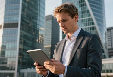 Candid photography of an Estonian business consultant in a smart-casual outfit looking at a tablet against the backdrop of modern Tallinn glass skyscrapers, professional morning light.