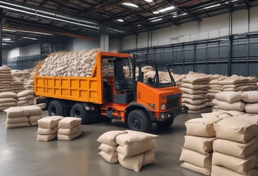 A warehouse worker organizing stacks of cement bags ready for delivery.