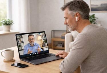 Online-Coaching über Laptop für digitale Themen und ChatGPT einfach erklärt für Einsteiger (KI-Bild)